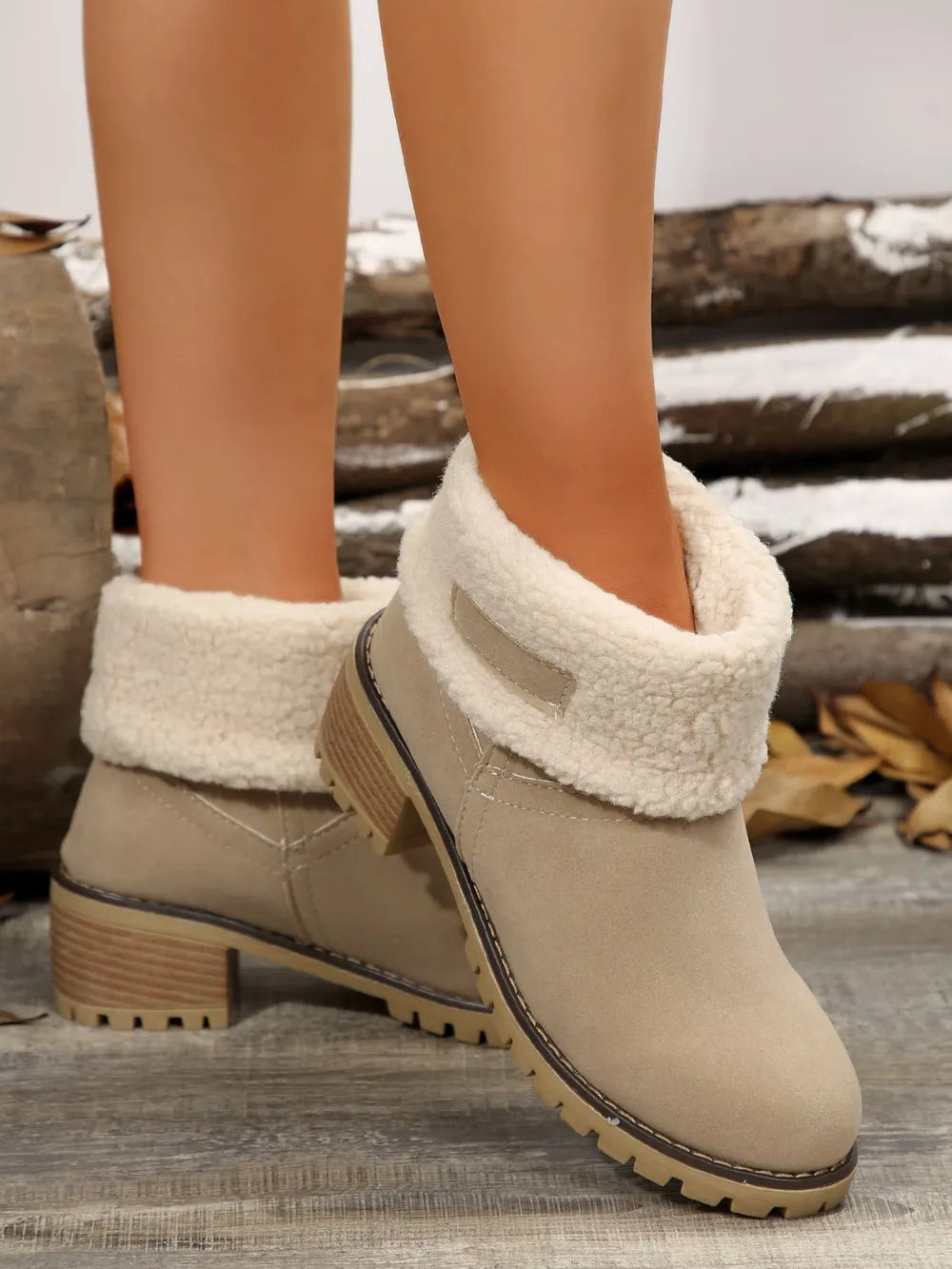 Taupe suede ankle boots with sherpa trim and block heel