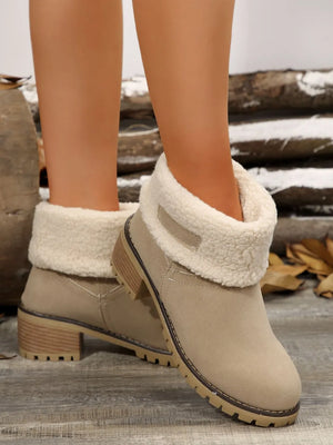 Taupe suede ankle boots with sherpa trim and block heel