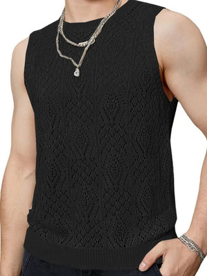 Black mesh muscle tee with diamond pattern and crew neck.
