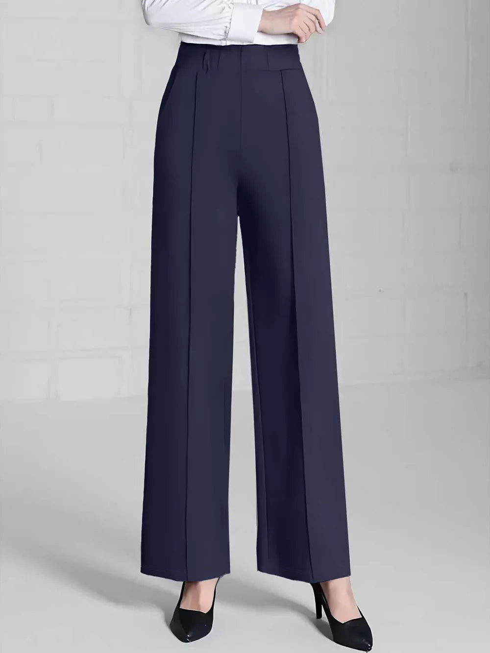 light gray wide-leg pants with seam detail and N/A