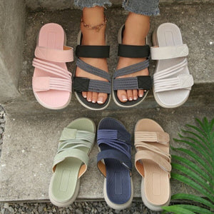 Versatile multi-strap sandals in pink, black, gray, blue, green, and khaki with adjustable straps.