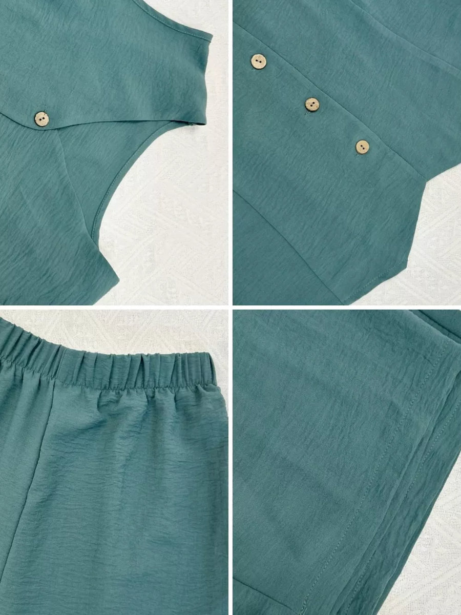 Turquoise cropped vest with button detail and wide-leg pants with elastic waist