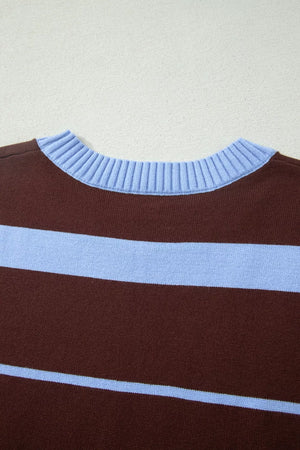Chic striped knit sweater with crew neck and ribbed details in brown and light blue.