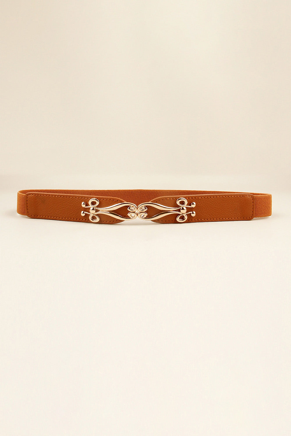 Caramel elastic belt with ornate alloy clasp closure