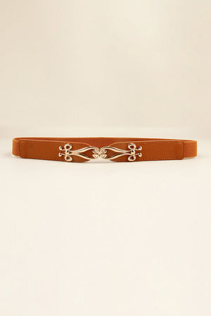 Caramel elastic belt with ornate alloy clasp closure