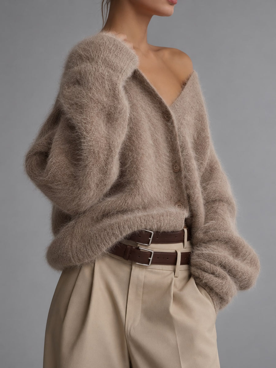 Fuzzy V-Neck Button-Down Cardigan in light grey