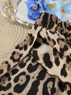 Leopard Bra Cardigan And Shorts Set in brown