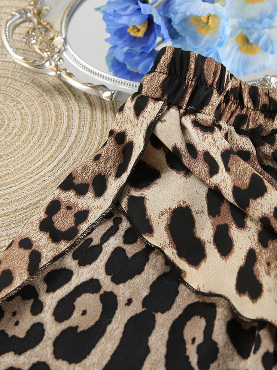 Leopard Bra Cardigan And Shorts Set in brown