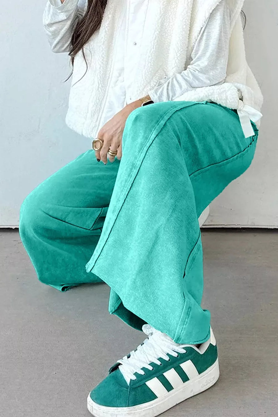 wide-leg pants in Turquoise with drawstring and full-length