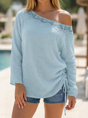 one-shoulder top in White with lace and tunic-length