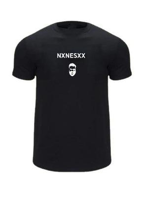 Black graphic crew neck muscle tee with white text and face graphic.
