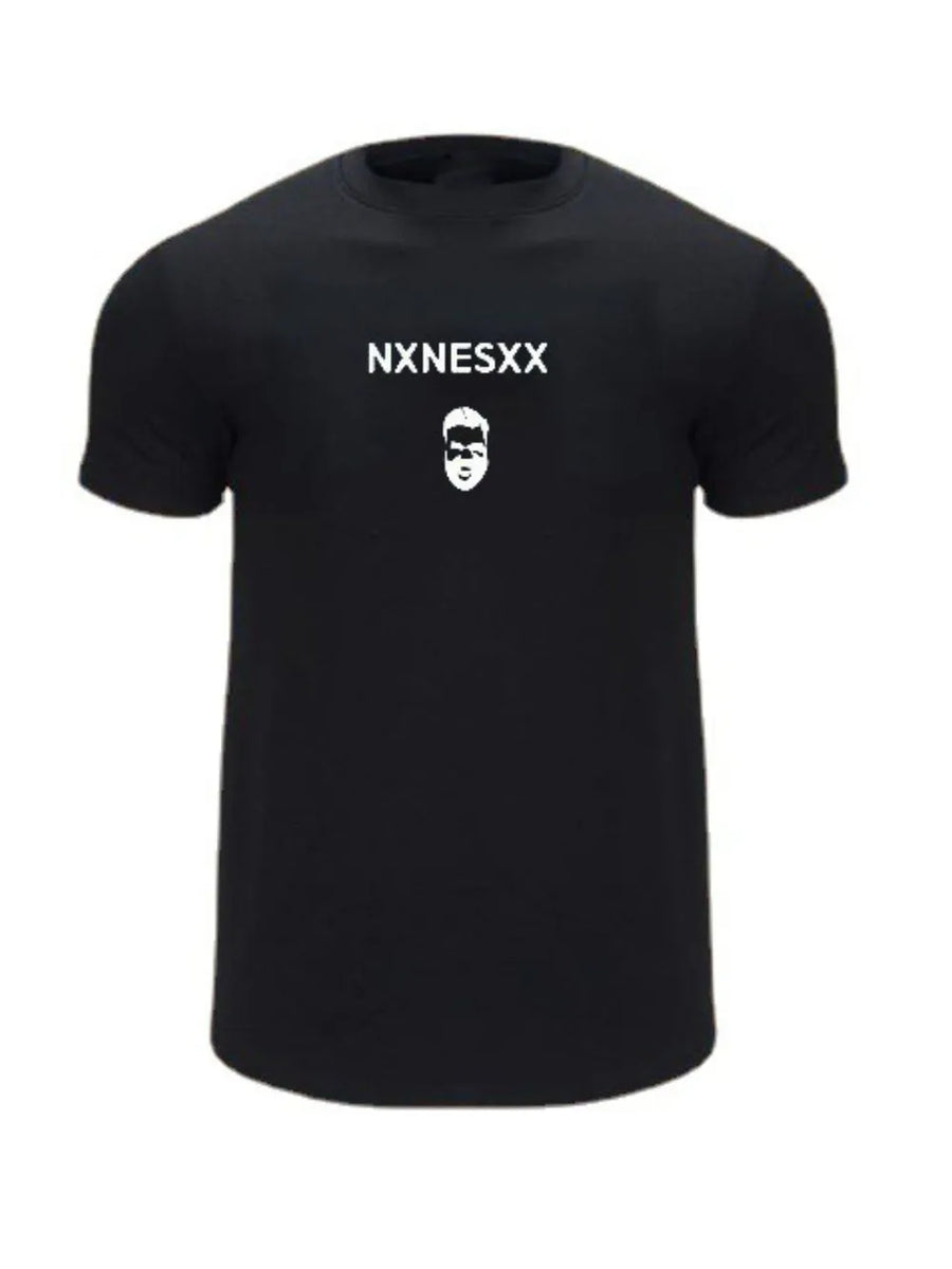Black graphic crew neck muscle tee with white text and face graphic.