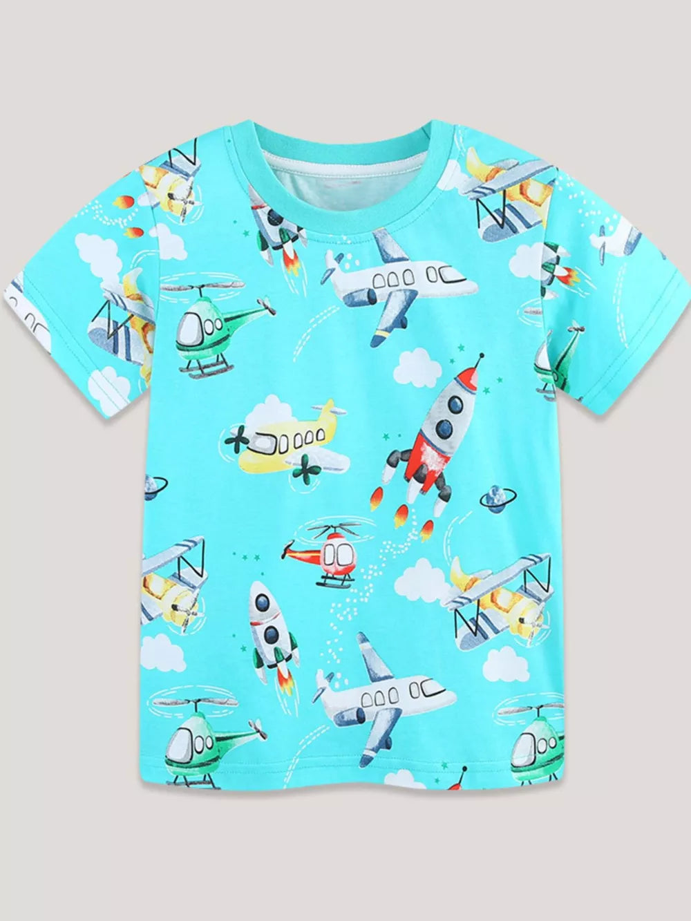 Blue cotton t-shirt with playful aviation print featuring planes, helicopters, and rockets.
