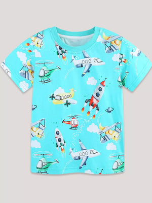 Blue cotton t-shirt with playful aviation print featuring planes, helicopters, and rockets.