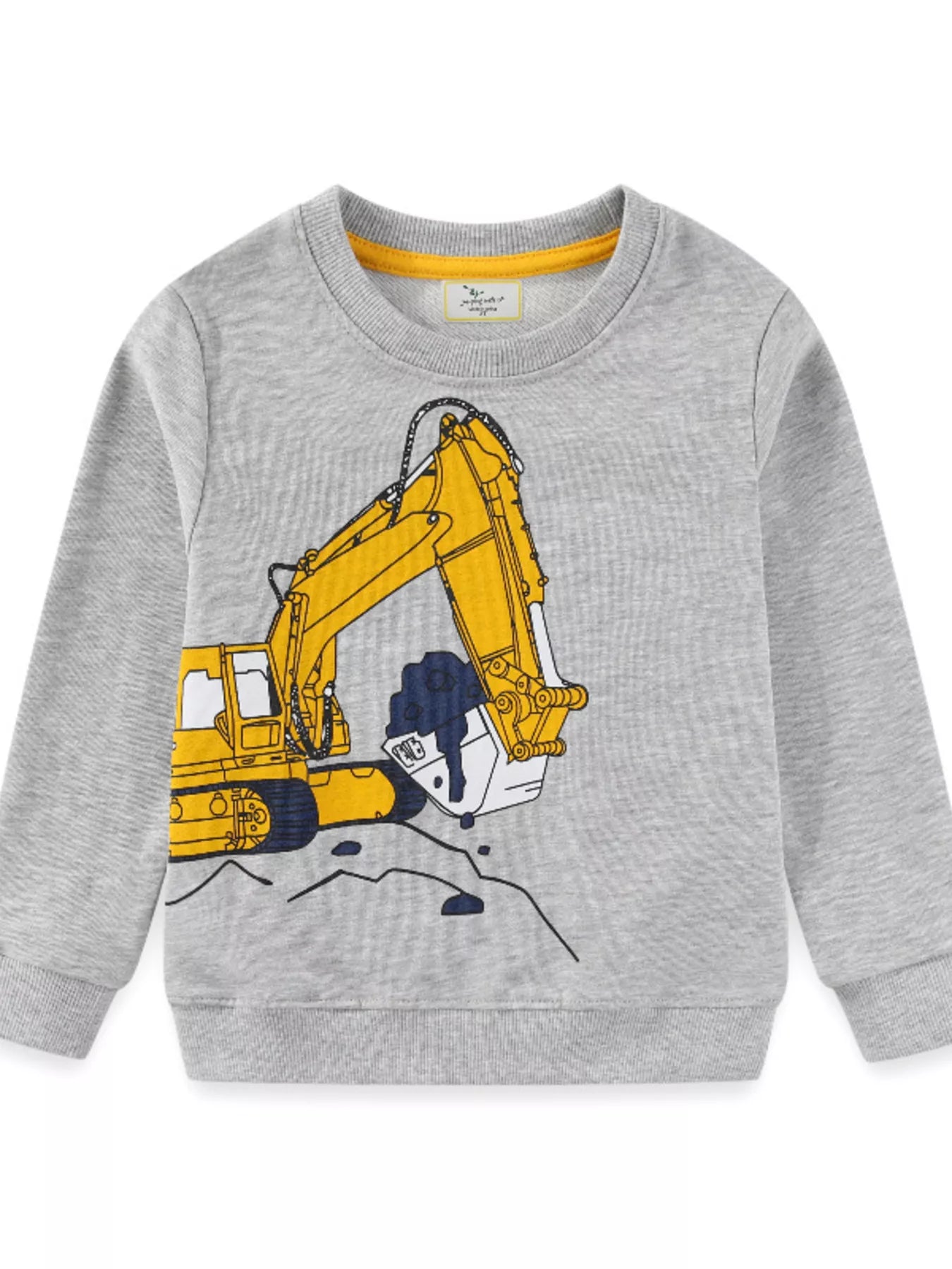 Gray crew-neck sweatshirt with yellow excavator graphic for baby boys