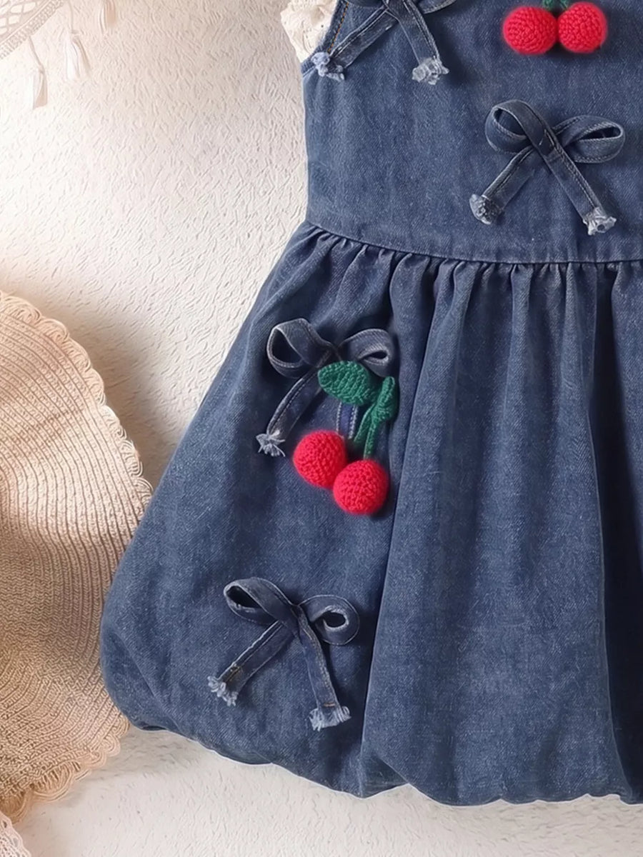 Navy with Children's Denim Cherry Applique Dress in Navy
