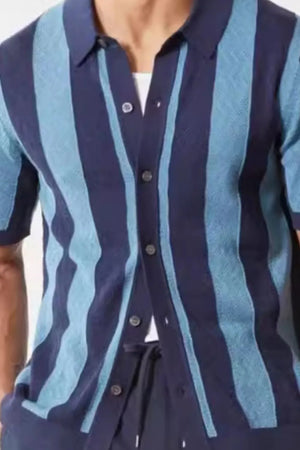 Men's navy and light blue striped button-up shirt with short sleeves