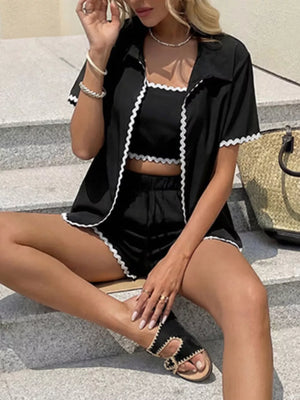Black cami shorts set with scalloped trim and short sleeve open cardigan.