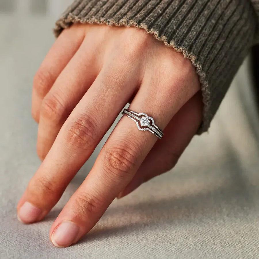 Silver double heart halo ring set with pave accent stones