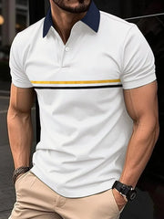 White polo shirt with navy collar and contrast stripe detail