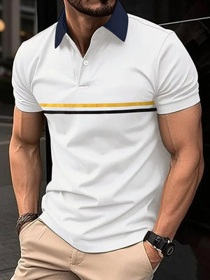 White polo shirt with navy collar and contrast stripe detail