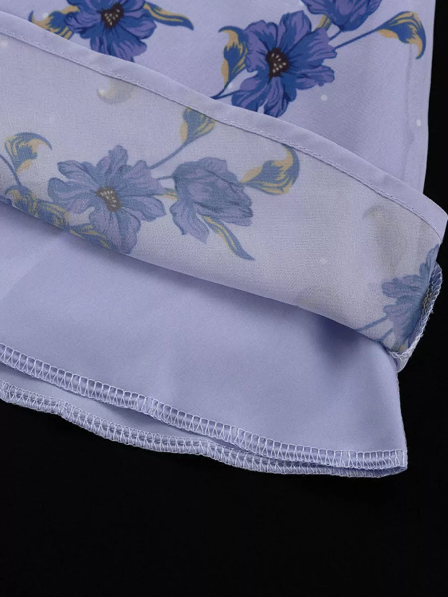 Light purple floral print sheer overlay dress with a plain lining and zigzag hem detail.
