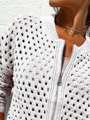 Wine Red cardigan with zip-front and openwork