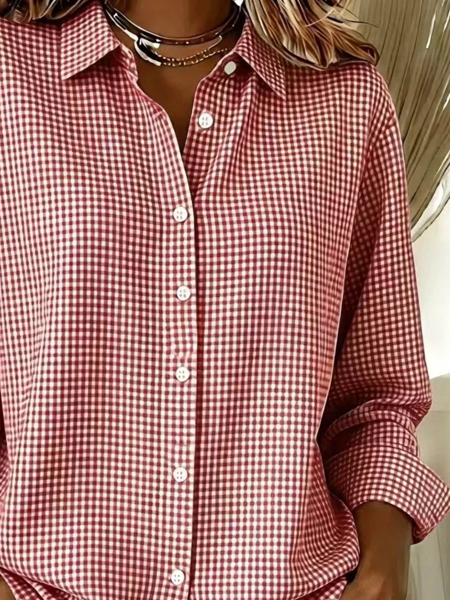 Red Plus Size Plaid Button Up Long Sleeve Shirt