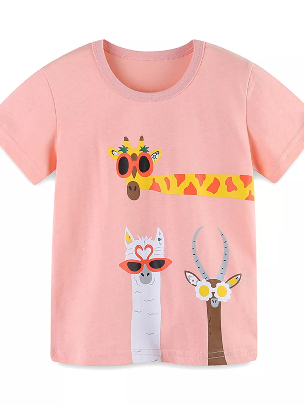 Pink cotton crew neck t-shirt with whimsical animal graphics wearing sunglasses.