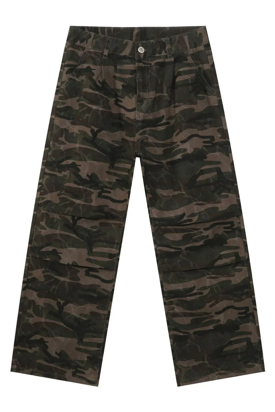 Camo wide-leg utility trousers in green camouflage with a relaxed fit and utility pockets.
