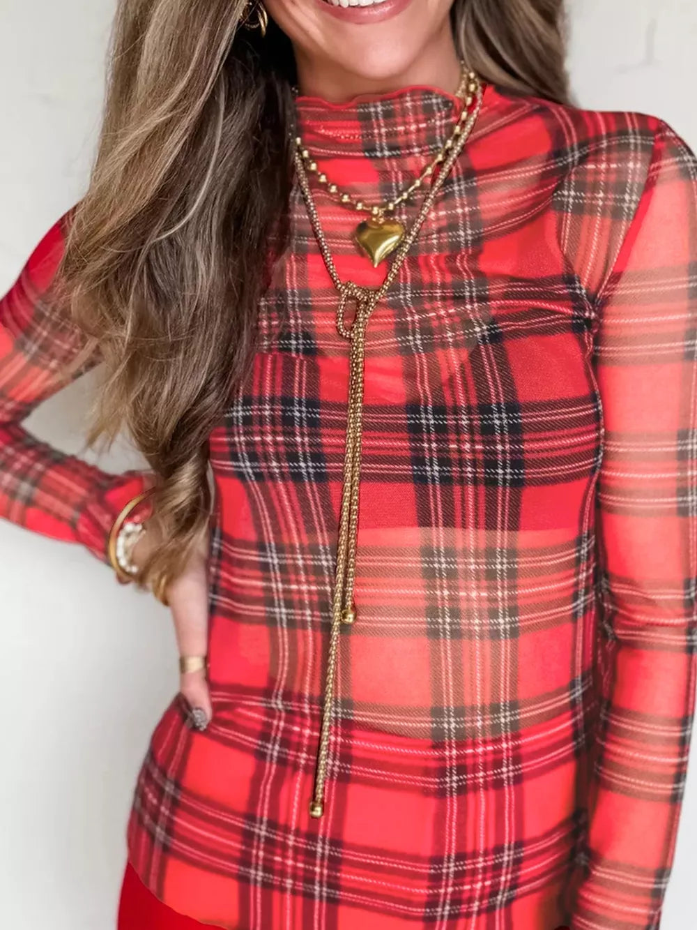 red blouse with plaid and mock neck