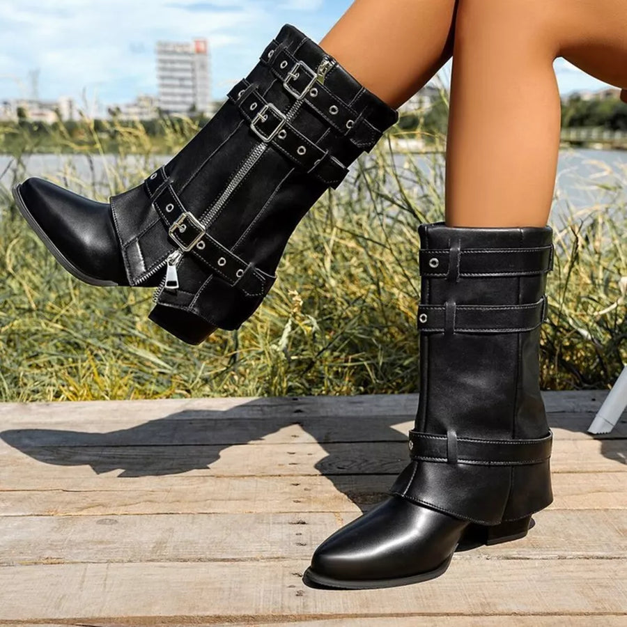 Brown boots with mid-calf and zip-front, buckle
