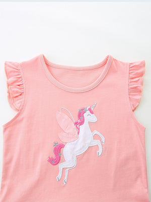 Pink cotton dress with flutter sleeves and a unicorn applique.