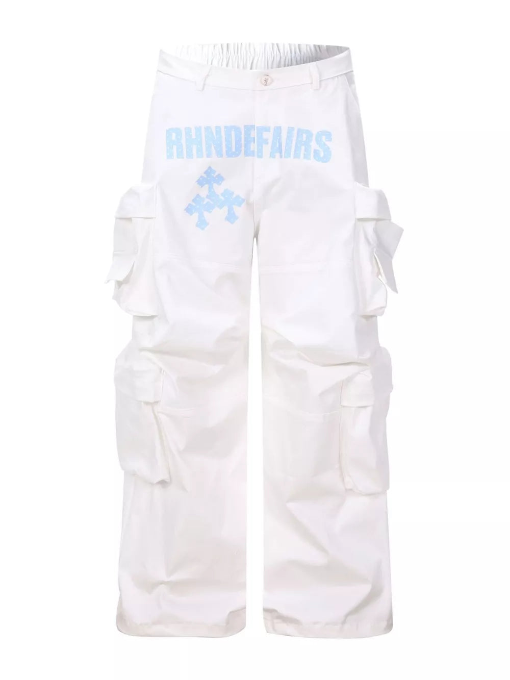 White cargo pants with blue graphic design and multiple pockets.