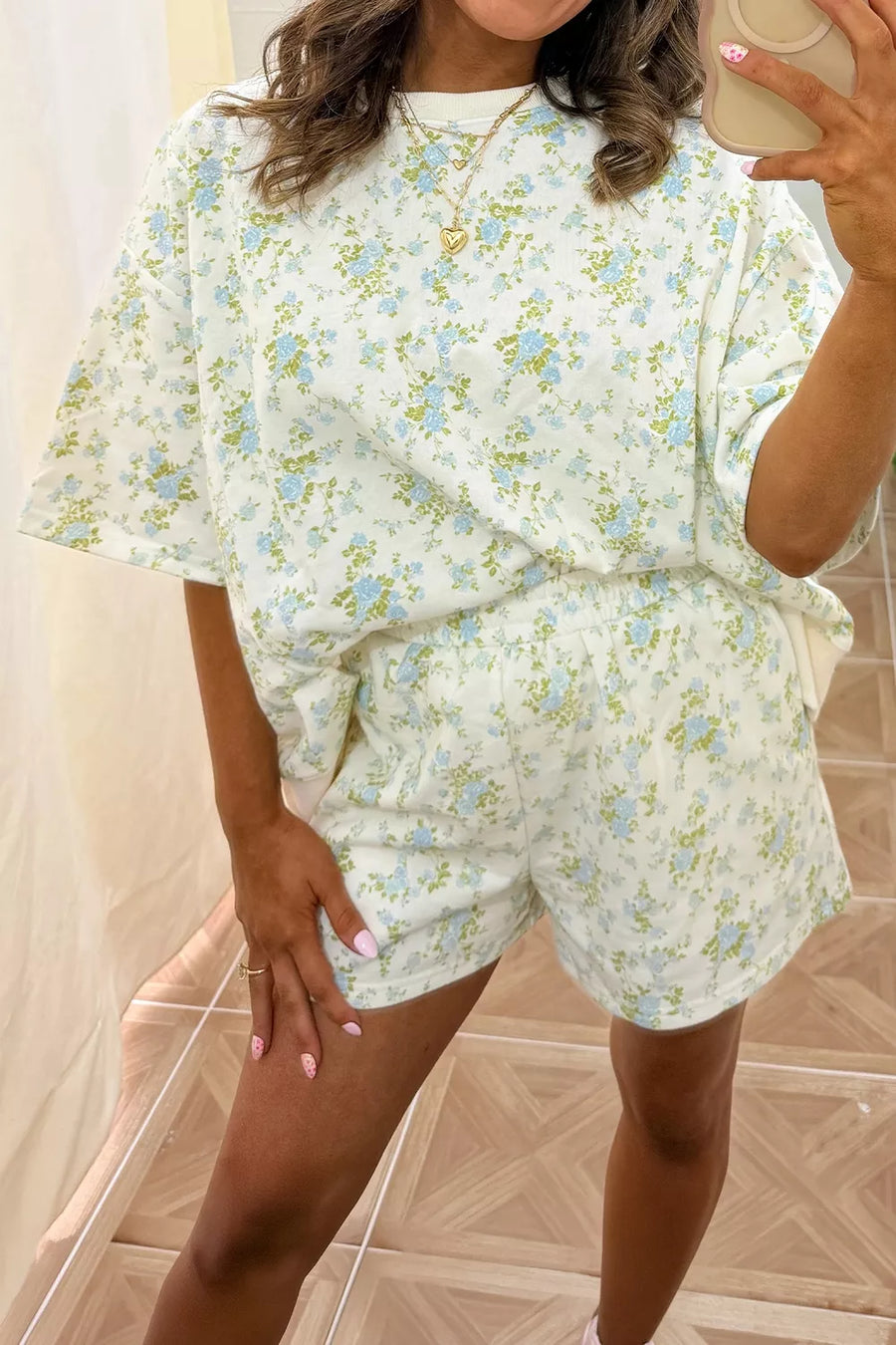 Floral Print Long Sleeve Shift Top & Shorts Set option 3