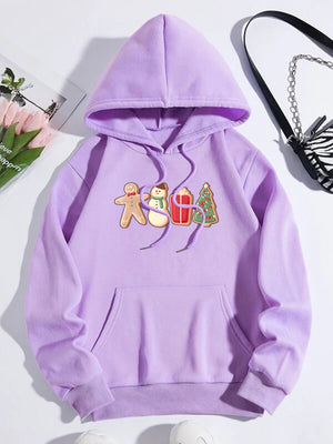 Heliotrope purple hoodie with gingerbread man, snowman, gift, and Christmas tree graphic.
