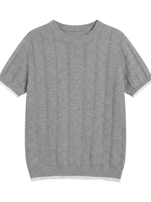 Grey knit t-shirt with crew neck, short sleeves, and contrast white trim.