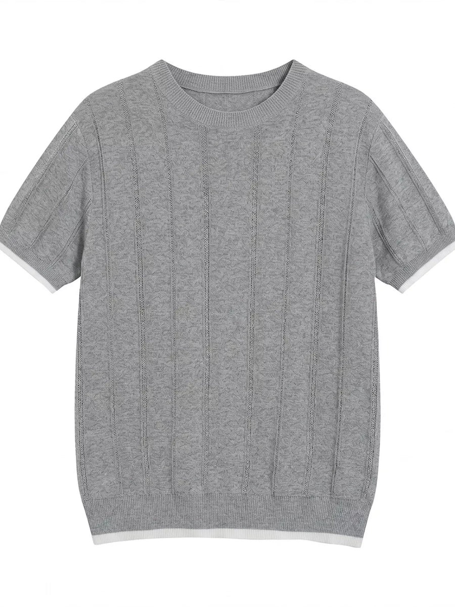 Grey knit t-shirt with crew neck, short sleeves, and contrast white trim.