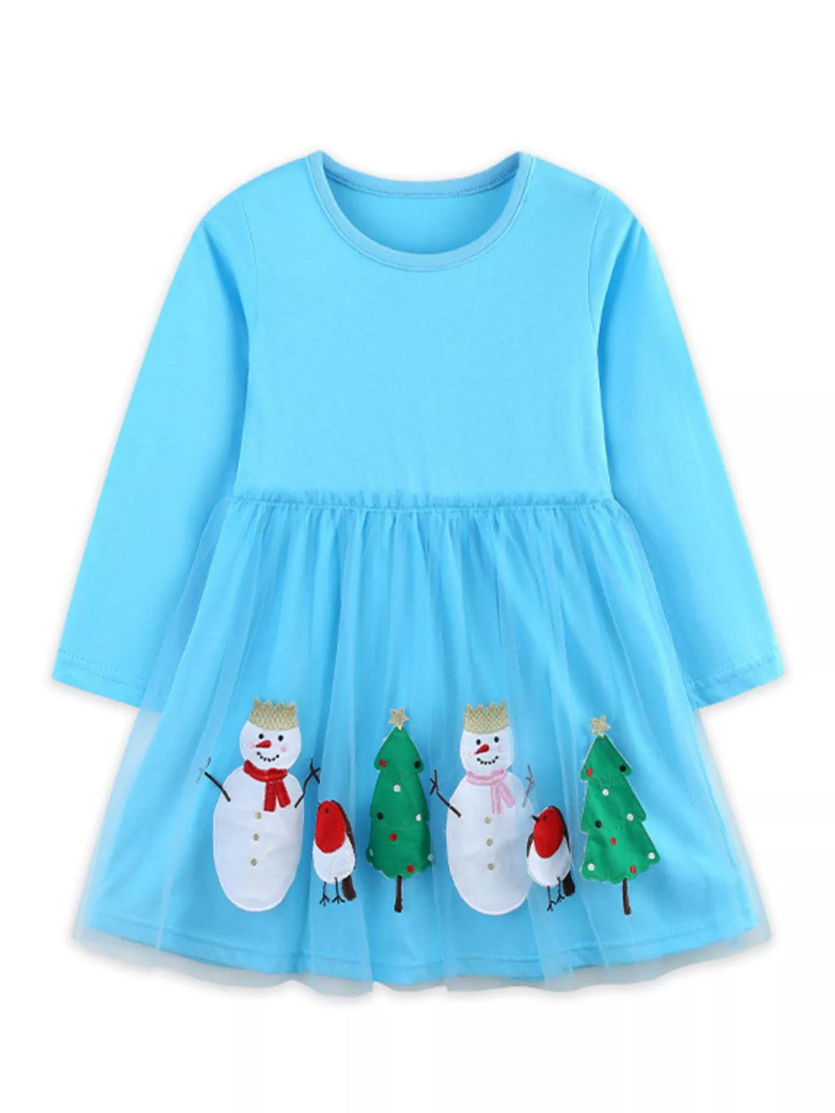 Baby girls pastel blue long sleeve cotton dress with snowman and Christmas tree applique on tulle skirt.