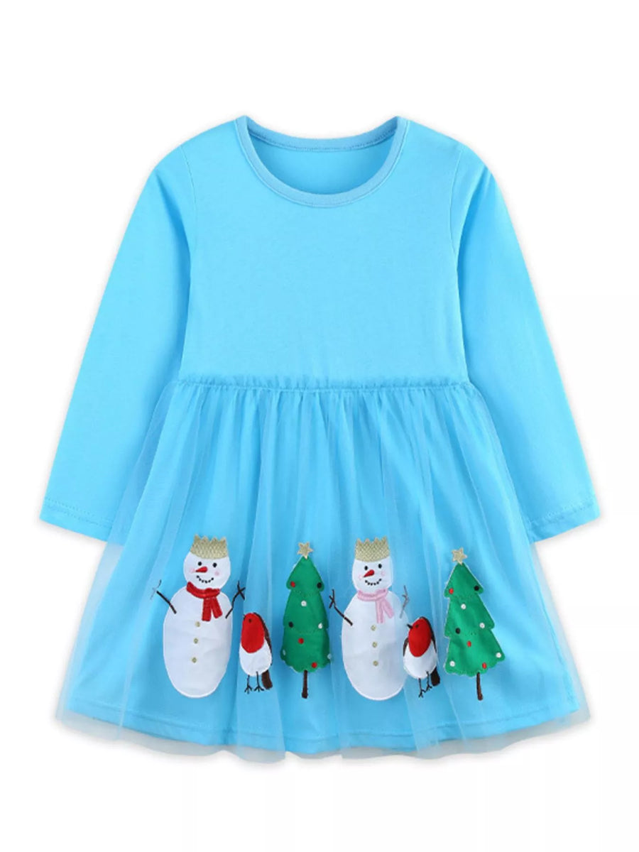 Baby girls pastel blue long sleeve cotton dress with snowman and Christmas tree applique on tulle skirt.