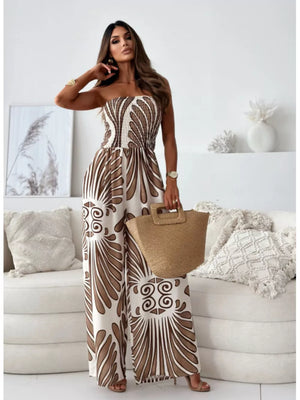 Strapless wide-leg romper in white with brown tribal print, smocked bodice, polyester