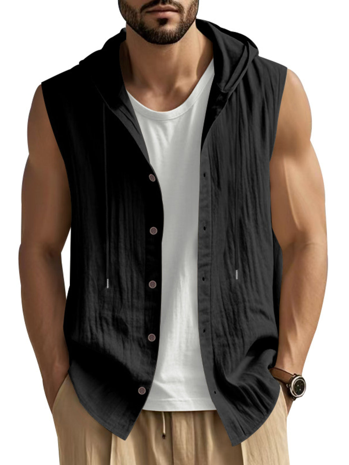 Black casual sleeveless hooded men's shirt with buttons, worn over a white undershirt.