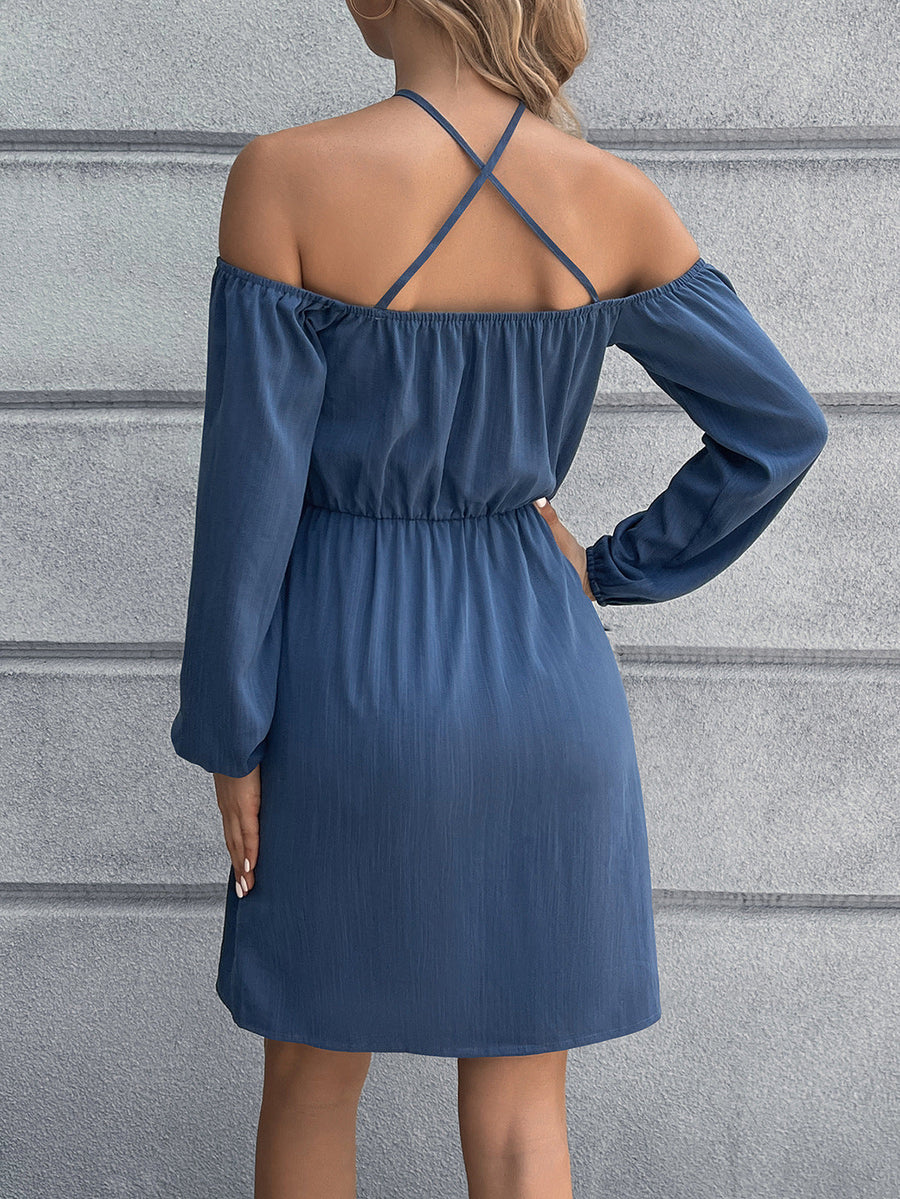 Dusty Blue cross-strap off-shoulder mini dress with long sleeves and elastic waist.