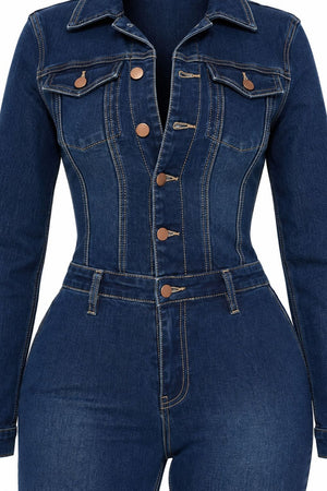dark wash denim blue slim jumpsuit with collared