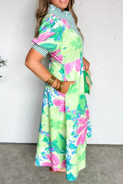 Charming floral midi dress with puff sleeves, green, pink, blue floral pattern, striped collar and cuffs.