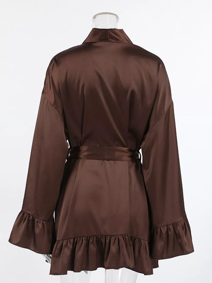 chocolate brown robe with ruffle trim and long sleeve