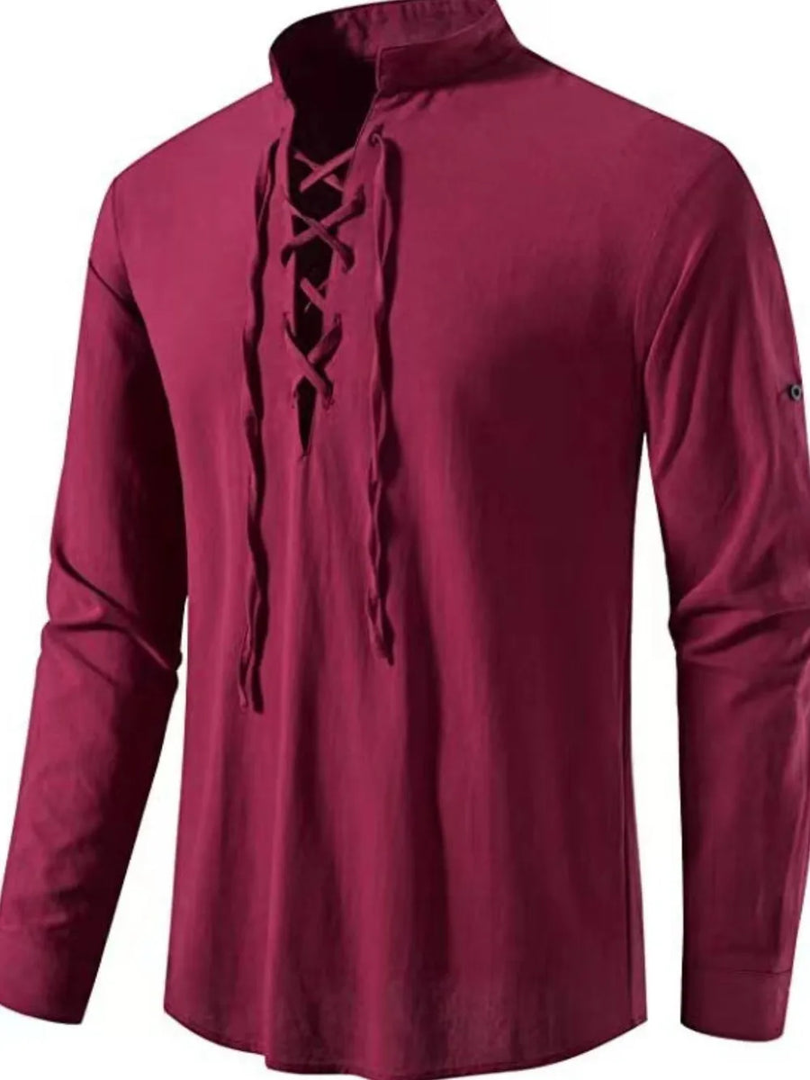 Burgundy linen lace-up shirt with mandarin collar and long sleeves