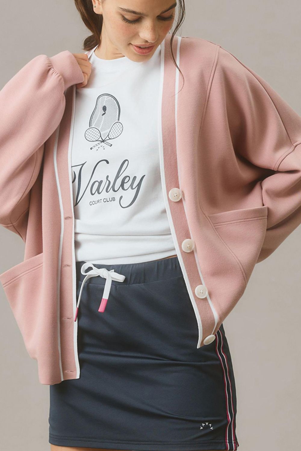 Varsity trimmed cocoon cardigan in Dusty Pink with button closure