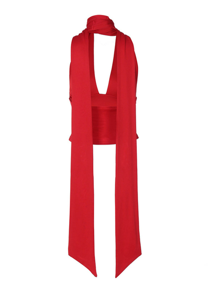 Red halter neck tie cami top with deep v-neck and adjustable ties