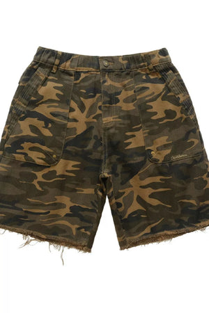 Green Camouflage, Men's Raw Hem Relaxed Fit Shorts in Green Camouflage